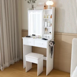 Coiffeuse Table de Maquillage, Miroir LED Réglable et Rangement Caché,Tabouret et Prise Intégrée, MDF/Verre, 60x36x136 cm - Blanc