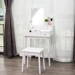Coiffeuse table de maquillage avec tabouret miroir rabattable coffre + 2 tiroirs MDF bois massif pin blanc