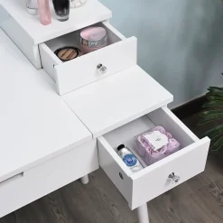 Coiffeuse table de maquillage avec tabouret miroir rabattable coffre + 2 tiroirs MDF bois massif pin blanc