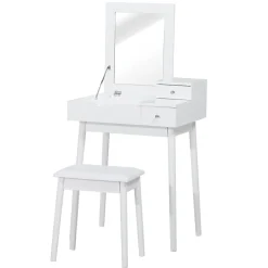 Coiffeuse table de maquillage avec tabouret miroir rabattable coffre + 2 tiroirs MDF bois massif pin blanc