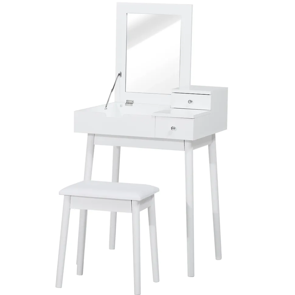 Coiffeuse table de maquillage avec tabouret miroir rabattable coffre + 2 tiroirs MDF bois massif pin blanc