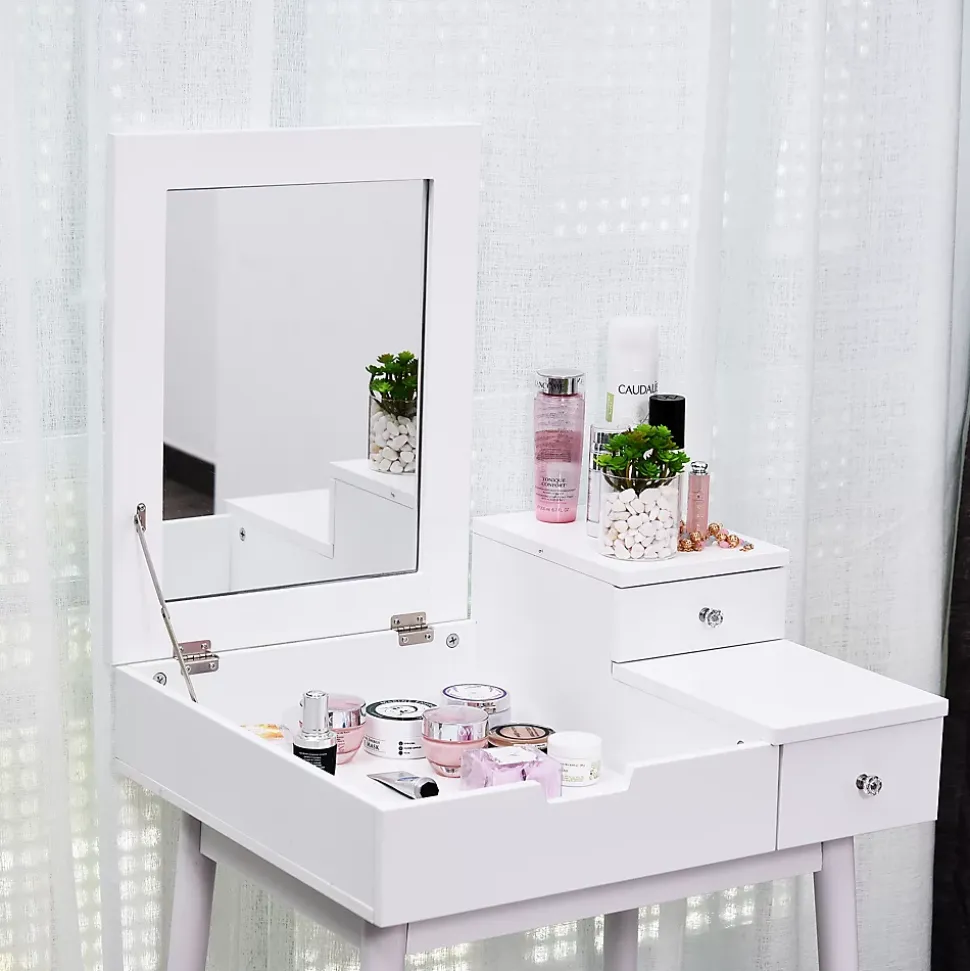Coiffeuse table de maquillage avec tabouret miroir rabattable coffre + 2 tiroirs MDF bois massif pin blanc