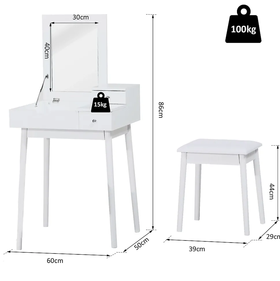 Coiffeuse table de maquillage avec tabouret miroir rabattable coffre + 2 tiroirs MDF bois massif pin blanc