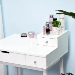 Coiffeuse table de maquillage avec tabouret miroir rabattable coffre + 2 tiroirs MDF bois massif pin blanc