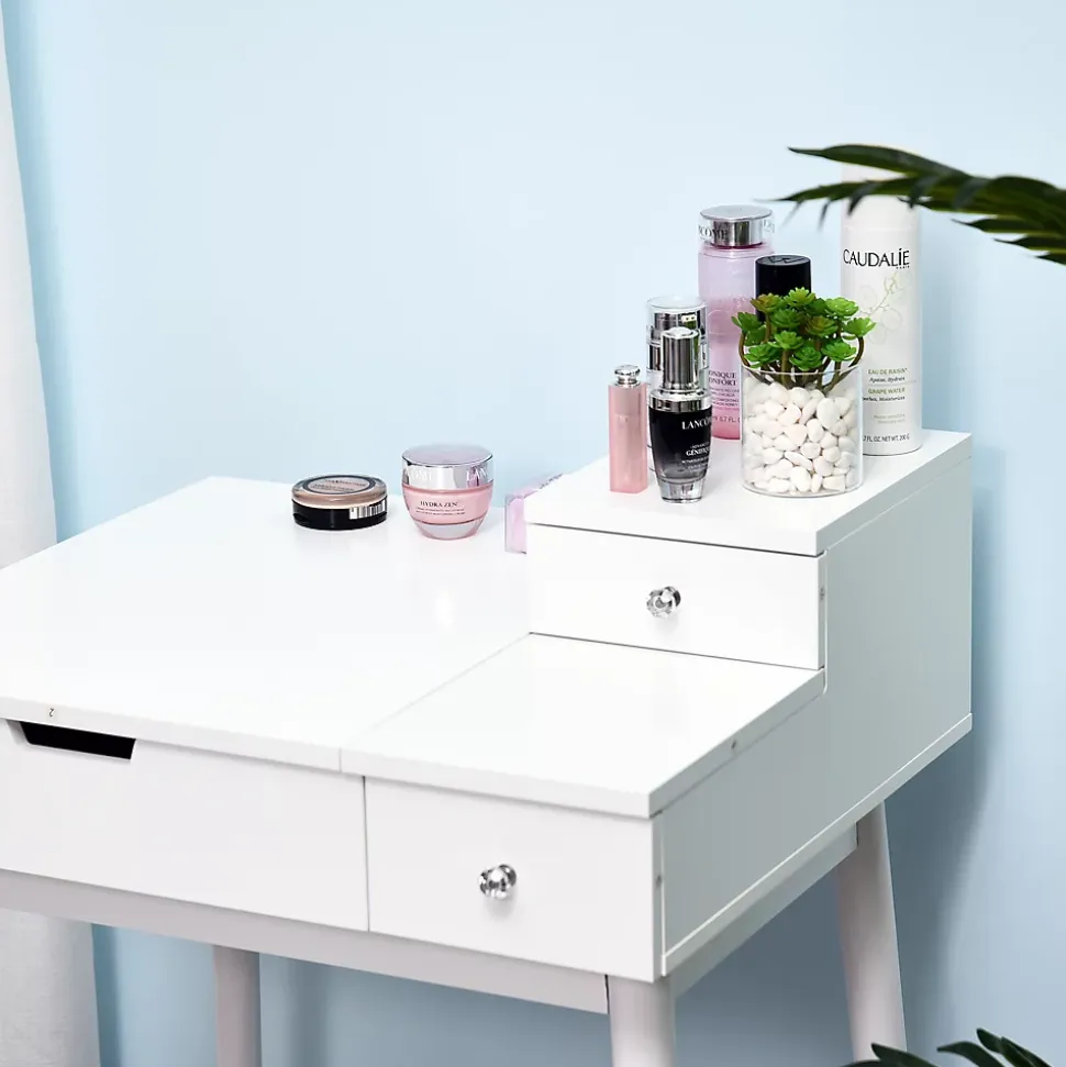 Coiffeuse table de maquillage avec tabouret miroir rabattable coffre + 2 tiroirs MDF bois massif pin blanc