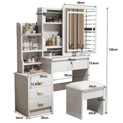 Coiffeuse Table de Maquillage avec Miroir LED 3 Couleurs et 4 Tiroirs, Ensemble avec Tabouret, MDF et Verre, 85x36x130 cm - Blanc