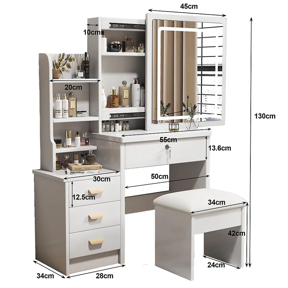 Coiffeuse Table de Maquillage avec Miroir LED 3 Couleurs et 4 Tiroirs, Ensemble avec Tabouret, MDF et Verre, 85x36x130 cm - Blanc
