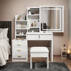 Coiffeuse Table de Maquillage avec Miroir LED 3 Couleurs et 4 Tiroirs, Ensemble avec Tabouret, MDF et Verre, 85x36x130 cm - Blanc