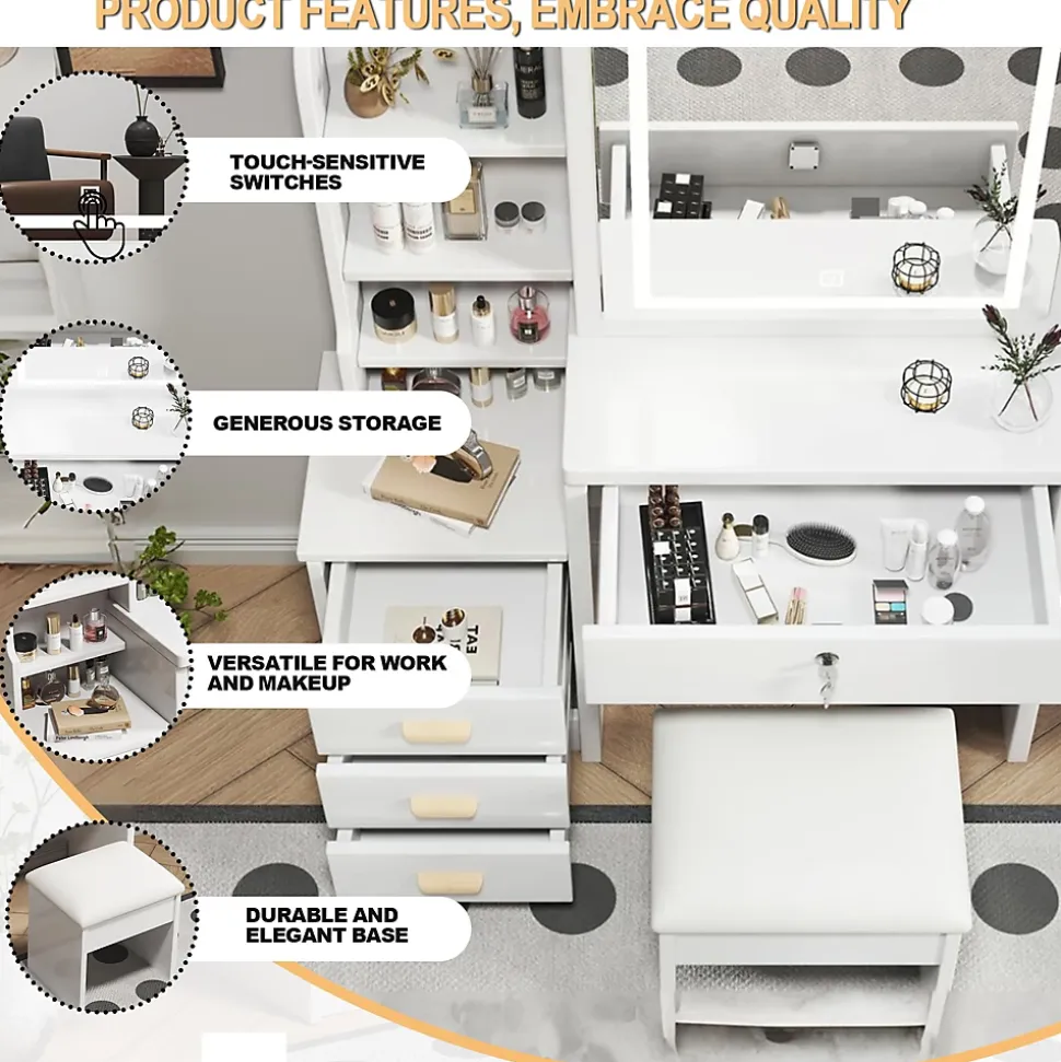 Coiffeuse Table de Maquillage avec Miroir LED 3 Couleurs et 4 Tiroirs, Ensemble avec Tabouret, MDF et Verre, 85x36x130 cm - Blanc