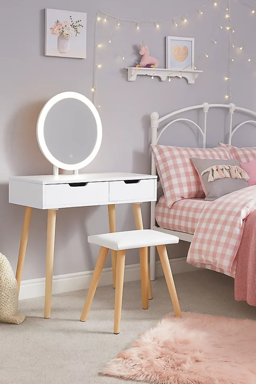 Coiffeuse table de maquillage avec miroir LED et tabouret coloris blanc H129 x L80 x P40 cm