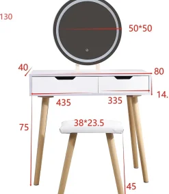 Coiffeuse table de maquillage avec miroir LED et tabouret coloris blanc H129 x L80 x P40 cm