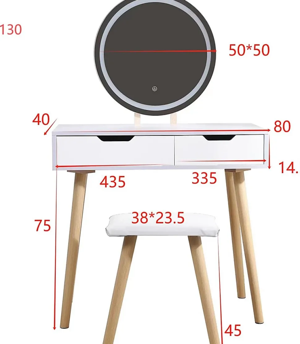 Coiffeuse table de maquillage avec miroir LED et tabouret coloris blanc H129 x L80 x P40 cm