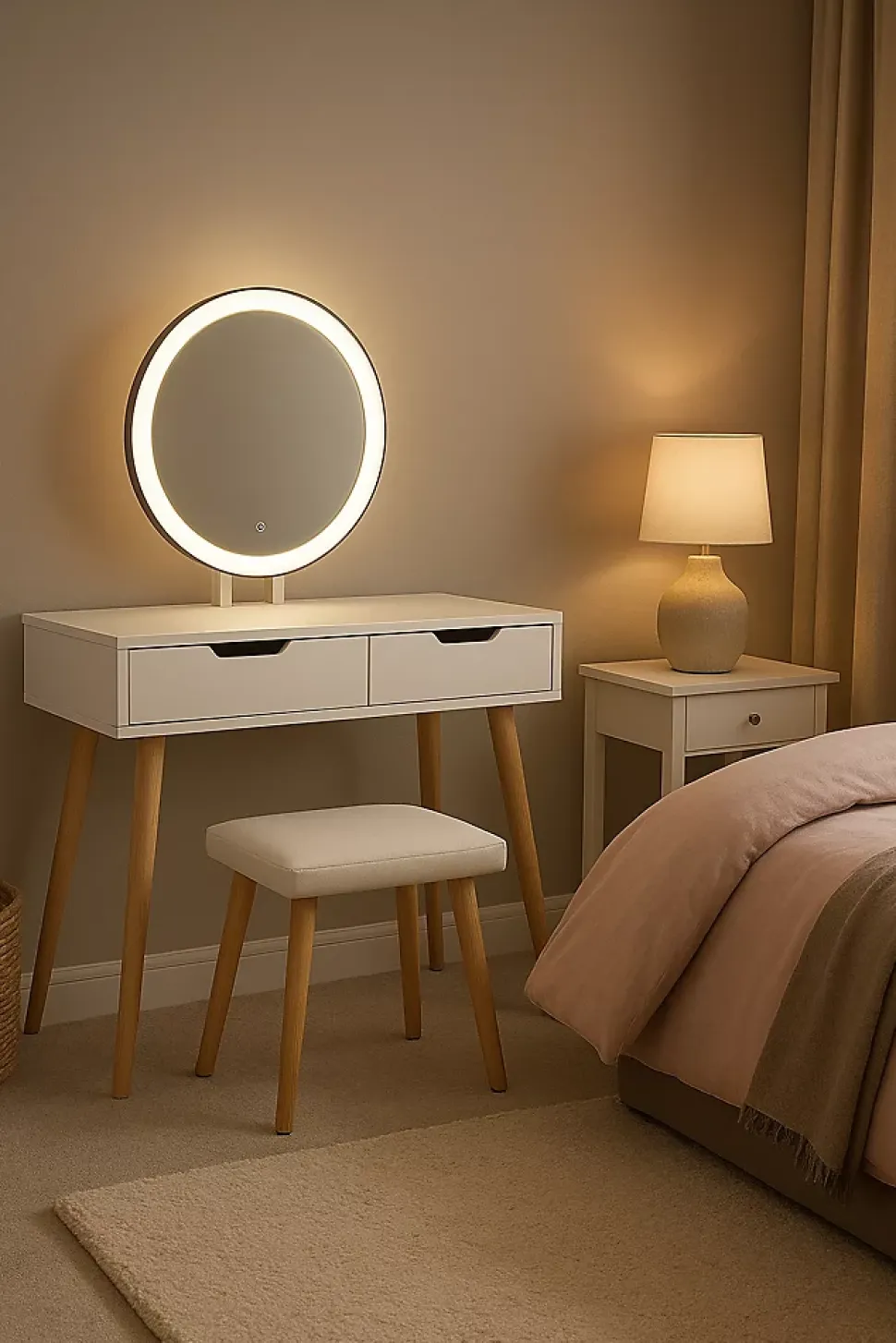 Coiffeuse table de maquillage avec miroir LED et tabouret coloris blanc H129 x L80 x P40 cm