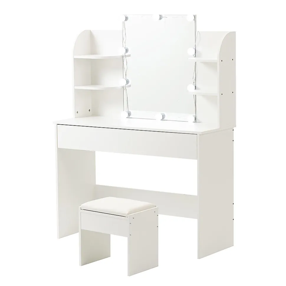 Coiffeuse Table de maquillage Table de toilette avec tabouret Éclairage LED Miroir blanc