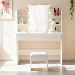 Coiffeuse Table de maquillage Table de toilette avec tabouret Éclairage LED Miroir blanc
