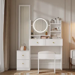 Coiffeuse table de maquillage avec miroir complet pivotant, 2 tiroirs, LED et housse, panneau de particules 109x36x164 cm blanc