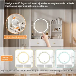 Coiffeuse table de maquillage avec miroir complet pivotant, 2 tiroirs, LED et housse, panneau de particules 109x36x164 cm blanc