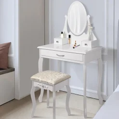 Coiffeuse table de maquillage commode avec miroir tiroirs et tabouret blanc MDF