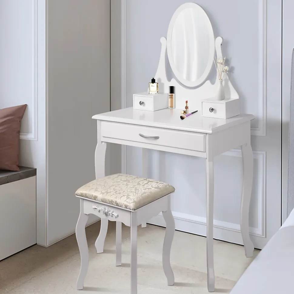 Coiffeuse table de maquillage commode avec miroir tiroirs et tabouret blanc MDF