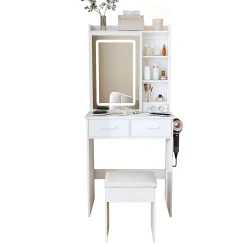 Coiffeuse 60x36x136 cm avec miroir LED réglable, prises USB intégrées et tiroirs, ensemble compact avec tabouret