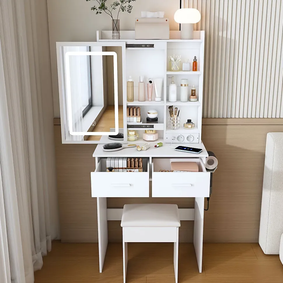 Coiffeuse 60x36x136 cm avec miroir LED réglable, prises USB intégrées et tiroirs, ensemble compact avec tabouret