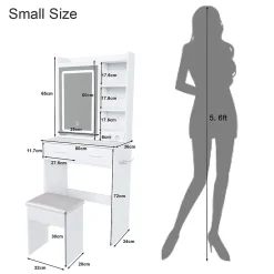 Coiffeuse 60x36x136 cm avec miroir LED réglable, prises USB intégrées et tiroirs, ensemble compact avec tabouret