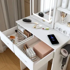 Coiffeuse 60x36x136 cm avec miroir LED réglable, prises USB intégrées et tiroirs, ensemble compact avec tabouret