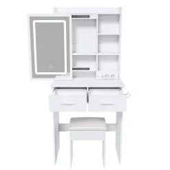 Coiffeuse 60x36x136 cm avec miroir LED réglable, prises USB intégrées et tiroirs, ensemble compact avec tabouret