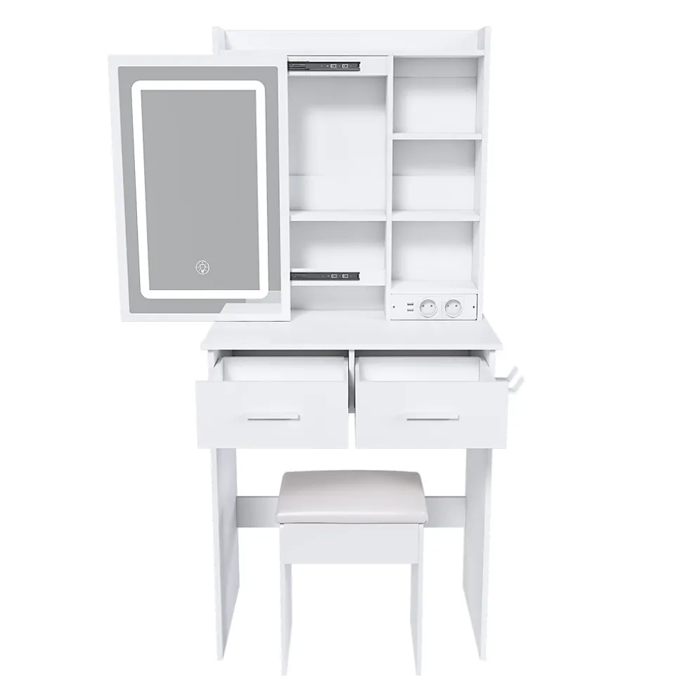 Coiffeuse 60x36x136 cm avec miroir LED réglable, prises USB intégrées et tiroirs, ensemble compact avec tabouret