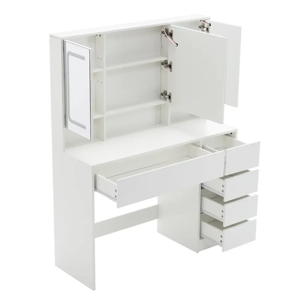 Coiffeuse 100x40x130 cm avec miroir LED et tiroirs, finition blanche en MDF, ensemble avec tabouret