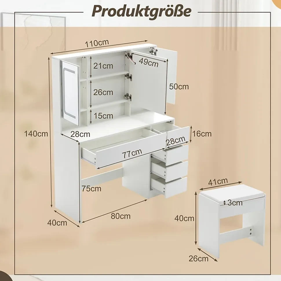 Coiffeuse 100x40x130 cm avec miroir LED et tiroirs, finition blanche en MDF, ensemble avec tabouret