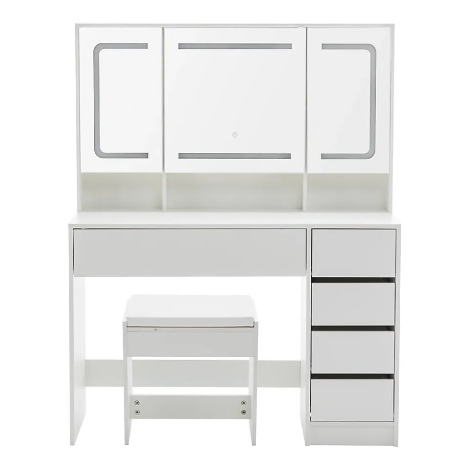 Coiffeuse 100x40x130 cm avec miroir LED et tiroirs, finition blanche en MDF, ensemble avec tabouret