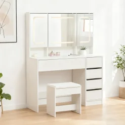 Coiffeuse 100x40x130 cm avec miroir LED et tiroirs, finition blanche en MDF, ensemble avec tabouret
