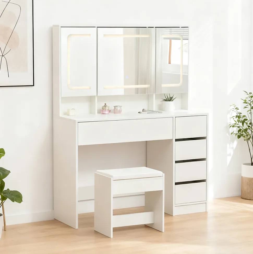 Coiffeuse 100x40x130 cm avec miroir LED et tiroirs, finition blanche en MDF, ensemble avec tabouret