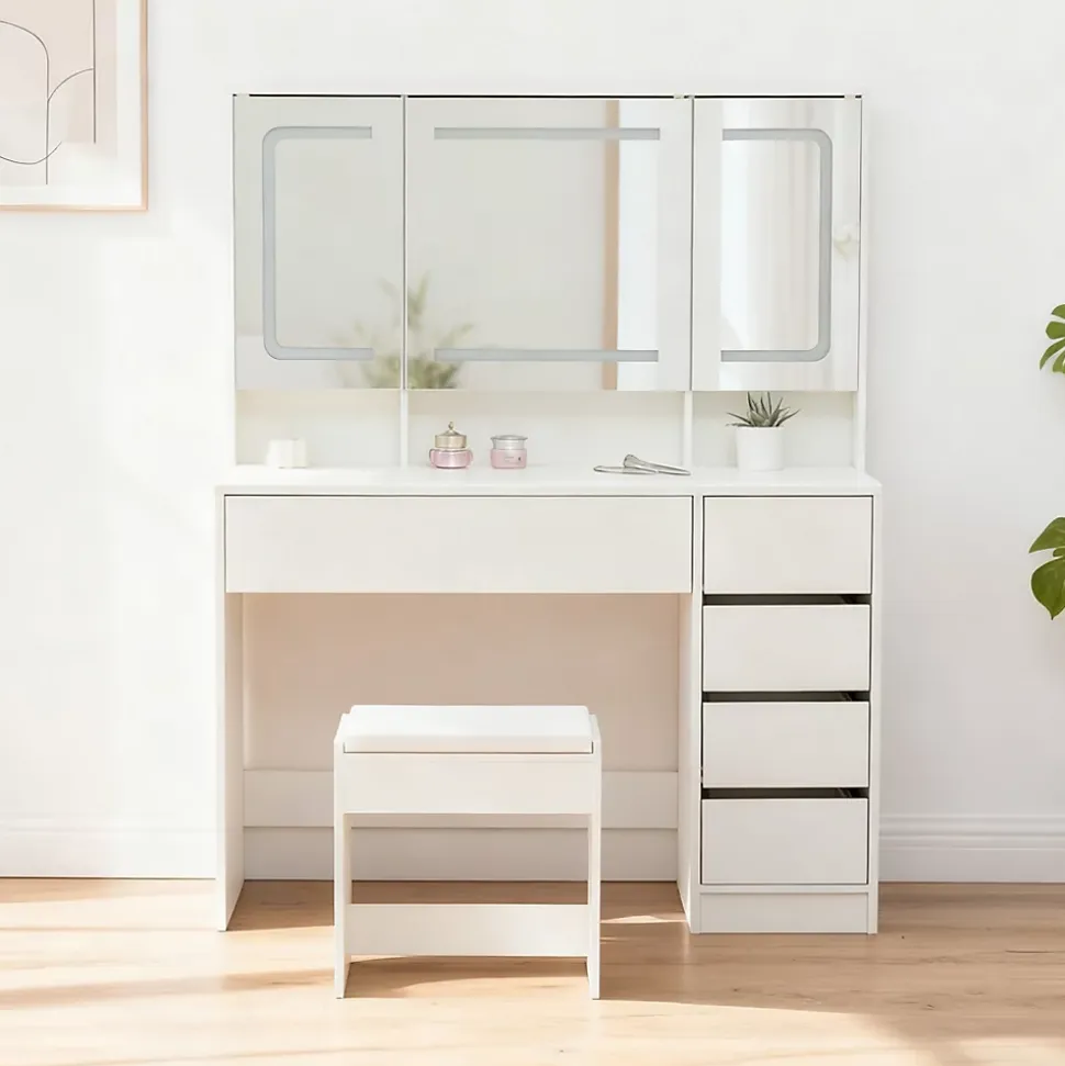 Coiffeuse 100x40x130 cm avec miroir LED et tiroirs, finition blanche en MDF, ensemble avec tabouret