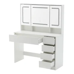 Coiffeuse 100x40x130 cm avec miroir LED et tiroirs, finition blanche en MDF, ensemble avec tabouret