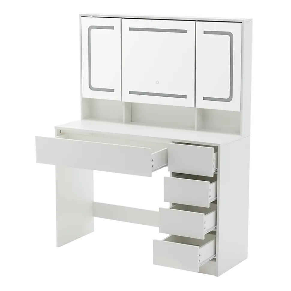 Coiffeuse 100x40x130 cm avec miroir LED et tiroirs, finition blanche en MDF, ensemble avec tabouret