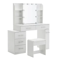 Coiffeuse 100x40x130 cm avec miroir LED 3 températures et tiroirs modulables, blanc mat, style contemporain