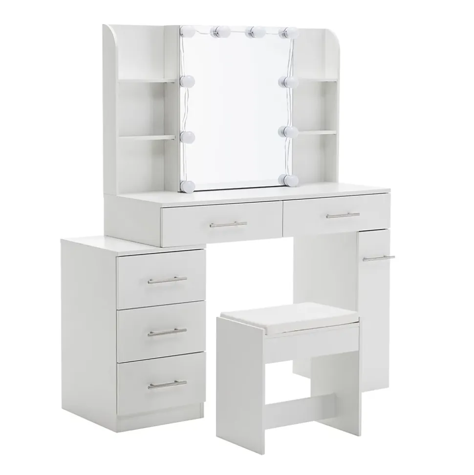 Coiffeuse 100x40x130 cm avec miroir LED 3 températures et tiroirs modulables, blanc mat, style contemporain