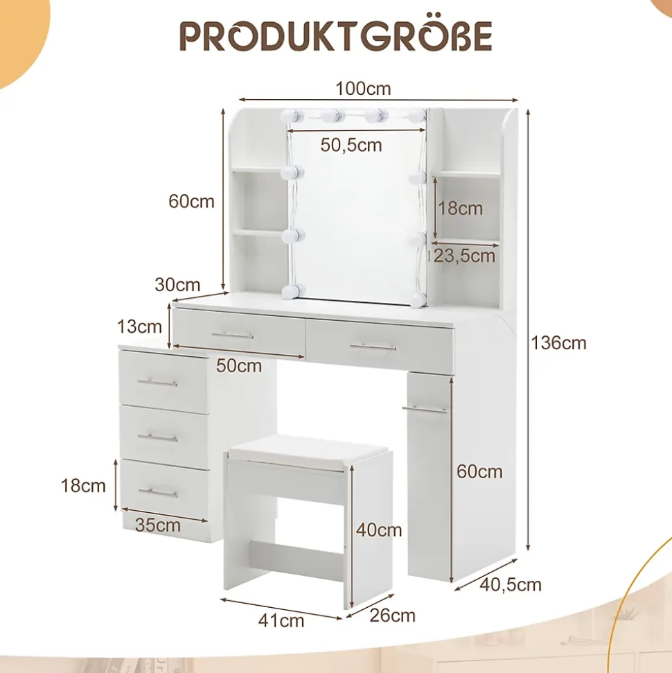 Coiffeuse 100x40x130 cm avec miroir LED 3 températures et tiroirs modulables, blanc mat, style contemporain