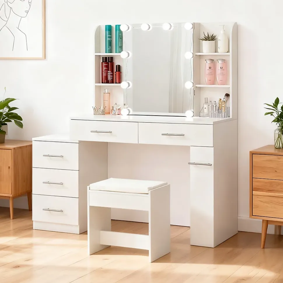 Coiffeuse 100x40x130 cm avec miroir LED 3 températures et tiroirs modulables, blanc mat, style contemporain