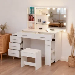 Coiffeuse 100x40x130 cm avec miroir LED 3 températures et tiroirs modulables, blanc mat, style contemporain