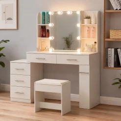 Coiffeuse 100x40x130 cm avec miroir LED 3 températures et tiroirs modulables, blanc mat, style contemporain