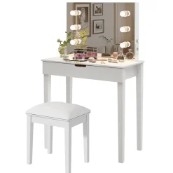 Coiffeuse 100x40x130 cm miroir 6 LED dimmable 3 teintes, prises USB Type C, MDF blanc, tiroirs et tabouret
