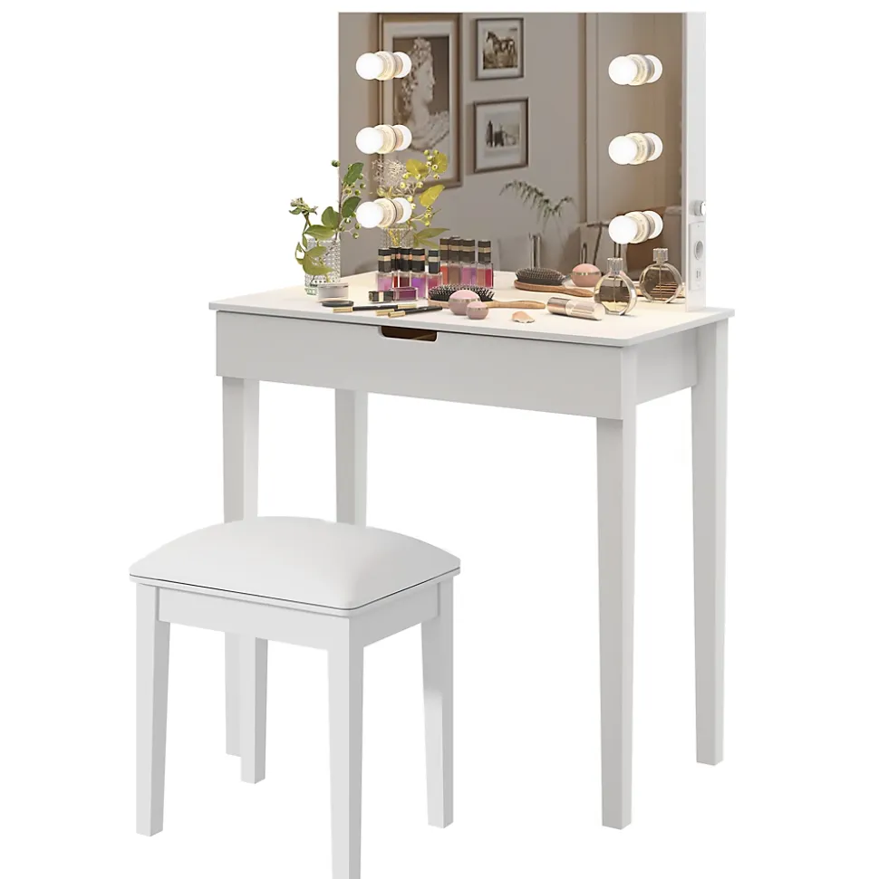 Coiffeuse 100x40x130 cm miroir 6 LED dimmable 3 teintes, prises USB Type C, MDF blanc, tiroirs et tabouret