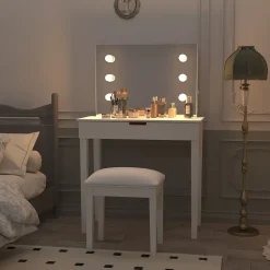 Coiffeuse 100x40x130 cm miroir 6 LED dimmable 3 teintes, prises USB Type C, MDF blanc, tiroirs et tabouret