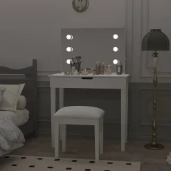 Coiffeuse 100x40x130 cm miroir 6 LED dimmable 3 teintes, prises USB Type C, MDF blanc, tiroirs et tabouret