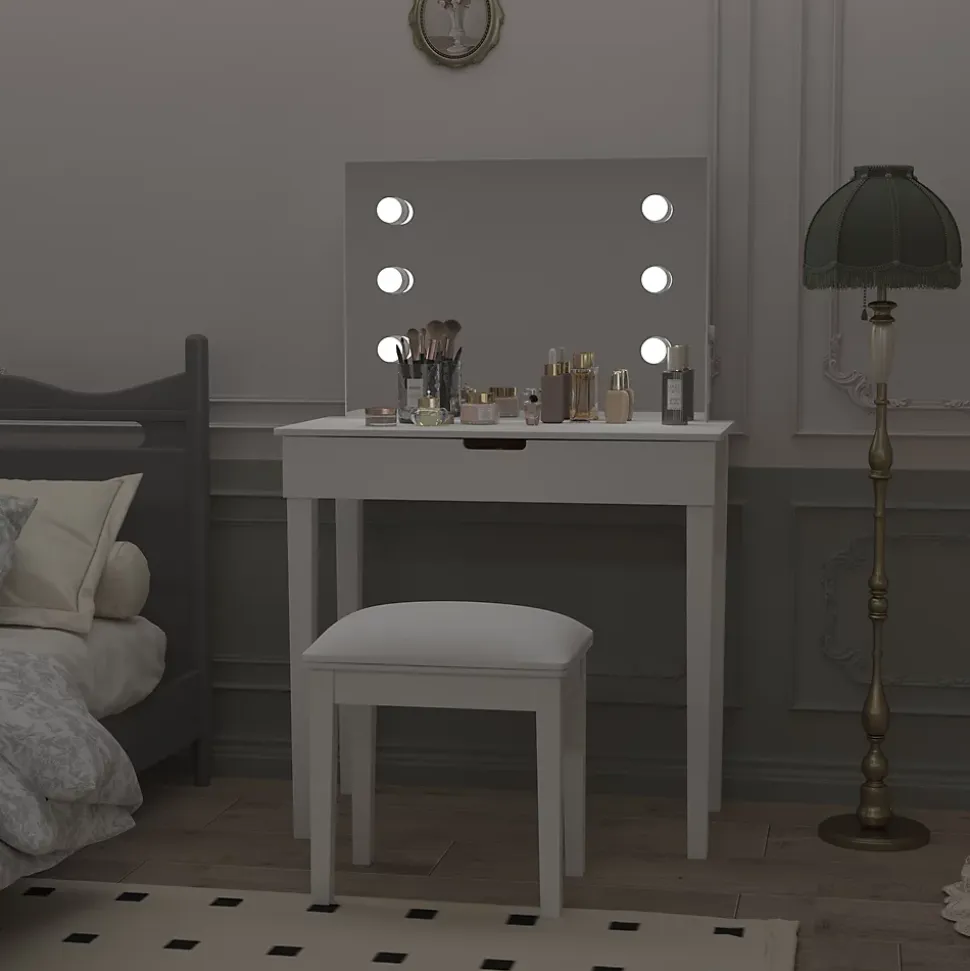 Coiffeuse 100x40x130 cm miroir 6 LED dimmable 3 teintes, prises USB Type C, MDF blanc, tiroirs et tabouret