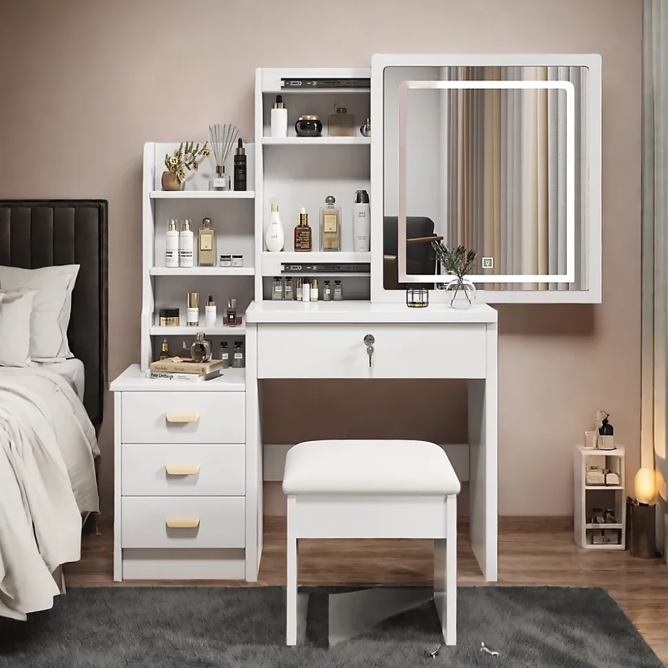 Coiffeuse 85x36x130 cm miroir LED 3 couleurs réglable, 4 tiroirs et vitrine verre, style rétro élégant blanc