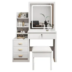 Coiffeuse 85x36x130 cm miroir LED 3 couleurs réglable, 4 tiroirs et vitrine verre, style rétro élégant blanc